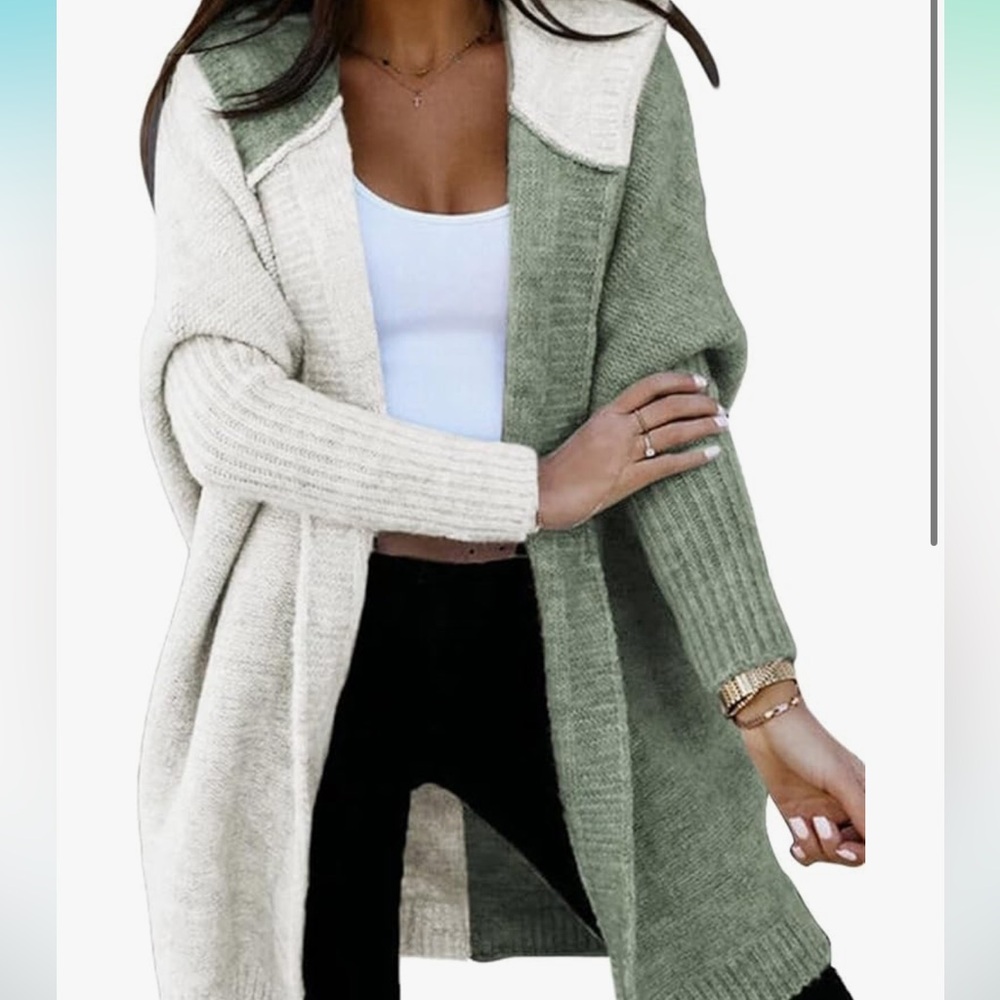 Open-Front Two-Tone Cozy Cardigan Sweater - Cream & Sage